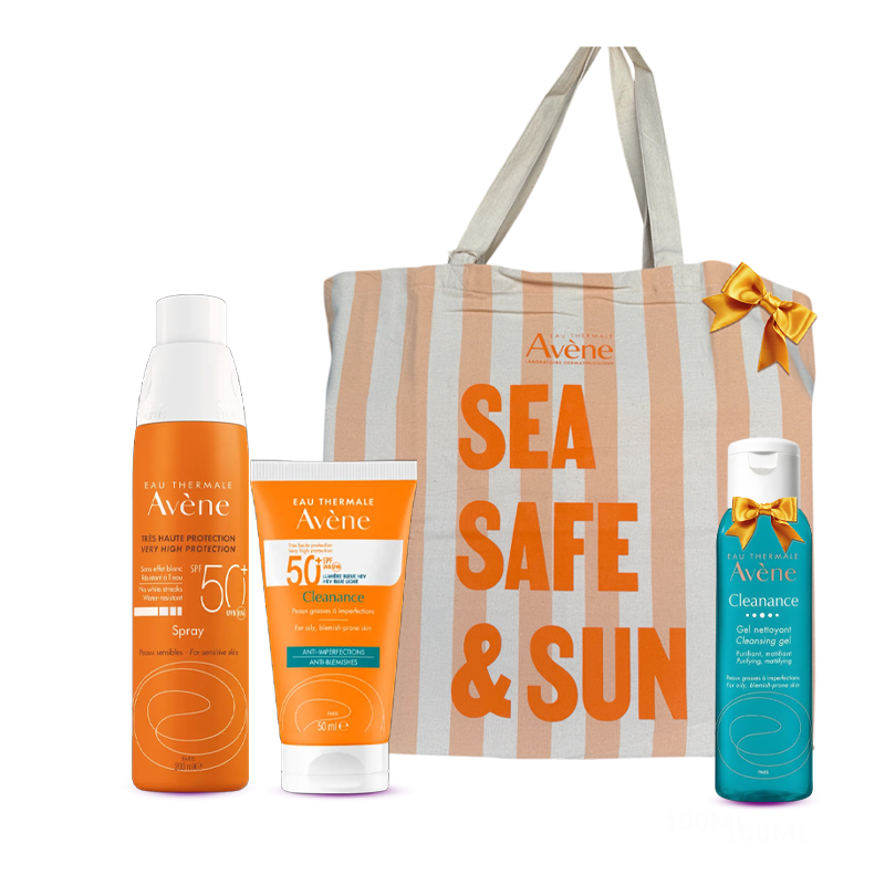 AVENE COFFRET SPRAY ADULTE +CLEANANCE 50+ + CLEANANCE GEL NETTOYANT ET TROUSSE OFFERT 